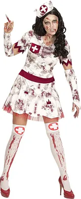 Image de Costume d'infirmière mort-vivante pour Halloween blanc-rouge