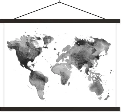 Produktbild von MuchoWow® Textilposter Weltkarte - Aquarell - Schwarz 40x30 cm mit schwarzem Rahmen - Dekorationen