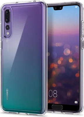 A clear protective case for a Huawei P20 Pro phone is shown, with the phone inside the case. The case has a gradient color effect from purple to teal.