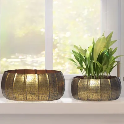 Produktbild von WOHNLING Pflanzgefäß 2er Set Metall Pflanzkübel Gold Design Pflanzenkübel Aluminium Rund Indoor Blumentopf Blumenkübel Schale 2-teilig Hammerschlag