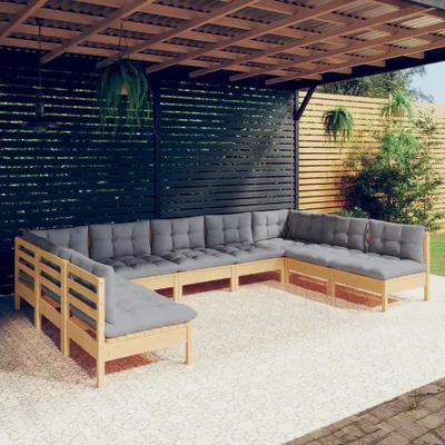 Produktbild von Möbel 9-tlg. Garten-Lounge-Set mit Grauen Kissen Kiefer Massivholz - Gartenmöbelgarnituren 3097174