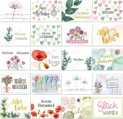 Produktbild von LifeDesign Postkarten Set mit 20 einzigartigen Glückwunschkarten Geburtstagskarten Grußkarten, Happy Birthday Karten, DIN A6 Karten zum Geburtstag, zu Jubiläum, Taufe, Hochzeit, Einschulung uvm