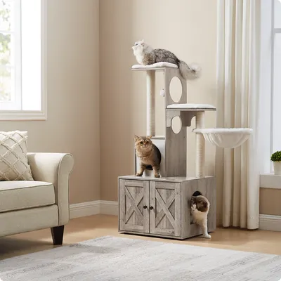 Three cats interact with a multi-level cat tree in a living room setting.