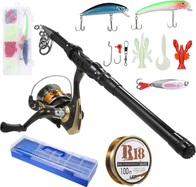 Produktbild von Angelruten- und Rollen-Kombinationen Teleskop-Angelrute mit Spinnrolle Combo-Kit Angelschnur Köder Haken Wirbel Set Angelzubehör mit Tackle Box