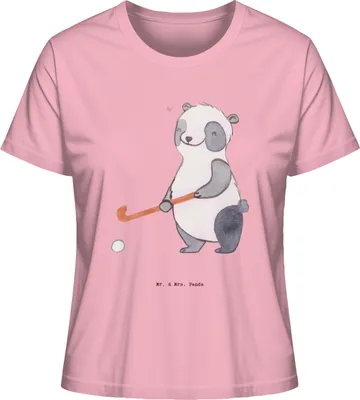 Produktbild von Mr. & Mrs. Panda Oberteil Damen Panda Hockey spielen Größe S - Baumwolle Pink - Geschenk, T-Shirt, shirt, Hockeyschläger, Basic, Verein, Feldhockey
