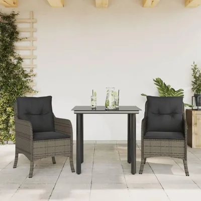 Produktbild von 3-teiliges Gartenmöbel-Set aus grauem Poly-Rattan mit Kissen, Balkontisch und wetterfesten Sesseln für Terrasse, Balkon und Garten