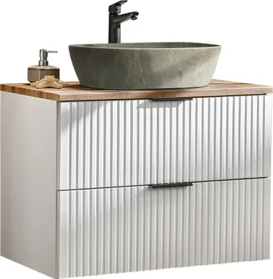 Produktbild von Badmöbel Waschtisch Unterschrank Set 80 cm matt weiß mit Wotaneiche, 2 Softclose Schubkästen, Keramik-Waschbecken Betonoptik