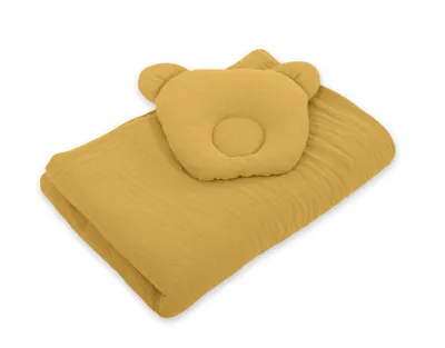 Immagine prodotto di Piumino in mussola con imbottitura e cuscino sagomato "Orsacchiotto" - Set da 2 pezzi - Giallo senape