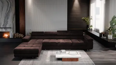 A modern living room with a large sectional sofa.