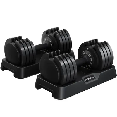 Produktbild von Yaheetech 2er Set verstellbare Hantel Kurzhantel, 5 Gewichtsstufen von 5 bis 25 kg, Schnelleinstellung, Schwarz