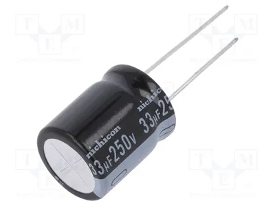 Produktbild von 1x Kondensator: elektrolytisch Ø16x20mm THT 250VDC 33uF ±20% URZ2E330MHD6 Elektro