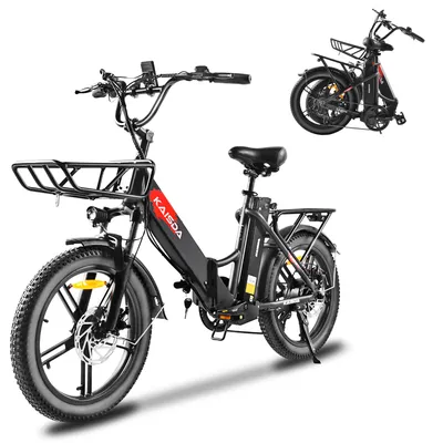 A black electric bicycle is shown from the front and side, with a smaller image of the folded bicycle in the upper right corner.