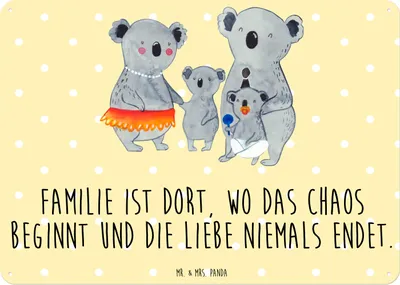 Produktbild von Mr. & Mrs. Panda tafel Koala Familie DIN A6 - Gelb Pastell - Geschenk, Muttertag, Mama, wandtafel, Wandbild, Family, Kinder, Schild, Blechschild, Türschild