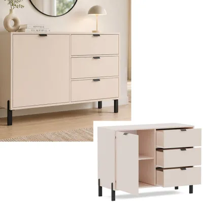 Produktbild von Kommode VERONA 1D3S Creme – Sideboard mit 1 Tür und 3 Schubladen, Moderne Anrichte, Kommode mit Stauraum, Wohnzimmerschrank, Flurmöbel, Schlafzimmer