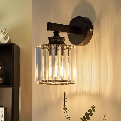 Image de Applique murale ZMH en cristal, éclairage mural d'intérieur, spot mural, lampe de couloir, douille E27, pour chambre, salon, couloir, noir (ampoule non incluse)