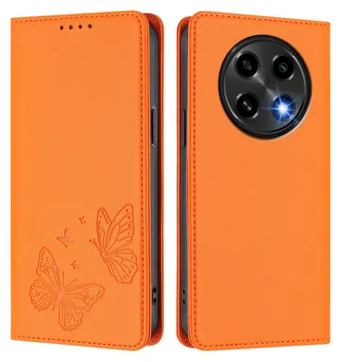 Image de Étui en cuir pour Oppo F27 Pro / F27 Pro+, motif papillon, étui portefeuille à rabat avec support, orange