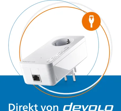 A product shot of a Devolo Powerline adapter with a circular graphic overlay and text.