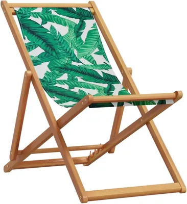 Zdjęcie produktu dla Składany leżak plażowy wykonany z litego drewna eukaliptusowego i wytrzymałego materiału z motywem liści, z 3-stopniową regulacją, idealny do ogrodu, tarasu i balkonu, wytrzymuje obciążenie do 110 kg