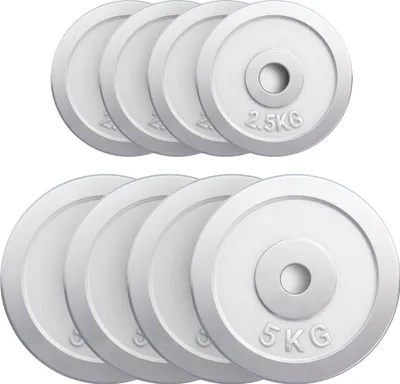 Produktbild von GORILLA SPORTS® Hantelscheiben - 30 kg Set, 4 x 2,5 kg, 4 x 5 kg Gewichte, 30/31mm Bohrung, aus Chrom - Gewichtsscheiben