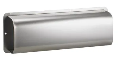 A stainless steel mailbox is shown against a white background.
