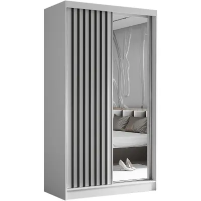 Produktbild von Schwebetürenschrank HELIX 120cm Weiß/Schwarz – 2-türig, Kleiderschrank mit Lamellen & Spiegel & Schiebetüren