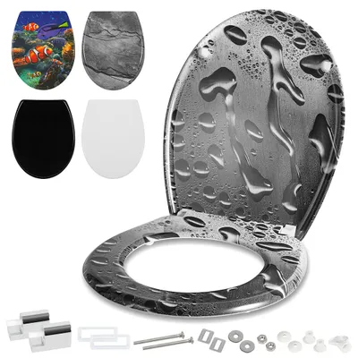 Immagine prodotto di Coperchio per WC Peviasot, sedile per WC, coperchio per vaso igienico con sistema di chiusura ammortizzata SoftClose, realizzato in resina termoindurente, facile installazione senza attrezzi, elevata stabilità, sedile universale ovale, motivo a goccia d'acqua grigio
