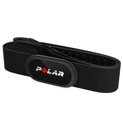 A black Polar H10 heart rate sensor set is shown against a white background.