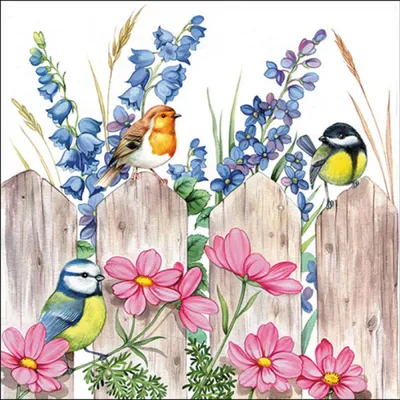 Produktbild von 20 Servietten Birds on Fence - Vögel und Blumen am Zaun 33x33cm