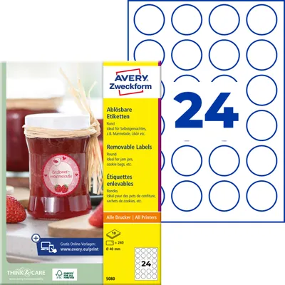 Produktbild von Avery Zweckform 5080, Runde Etiketten, ablösbar, A4, ? 40 mm, 240 Etiketten / 10 Bögen, weiß