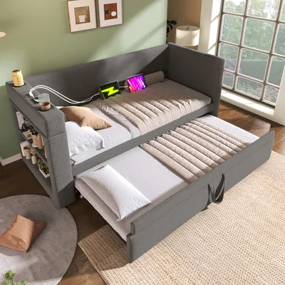 Image de MODFU Lit Banquette 90x190 cm - Canapé-Lit Une Place avec Lit Gigogne, Rangement et Ports USB, Porte-Gobelet, Bois et Métal, Sans Matelas - Gris