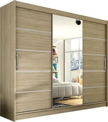 A sliding door wardrobe with a mirrored door in the center, reflecting a bedroom interior.