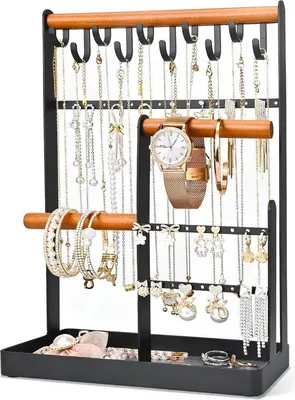 Productafbeelding van Famanu sieradenstandaard met 4 niveaus en houten voet – geschikt voor oorbellen, ringen, armbanden, horloges – zwart