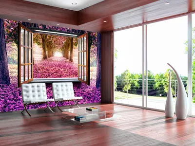 Produktbild von Vlies Fototapete 400x280 cm Tapeten Wandtapete XXL Natur Fenster Blumen Park Blumenweg Bäume c-A-0040-a-d