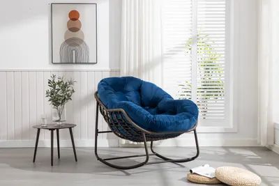 Image de Fauteuil à bascule d'extérieur en rotin avec coussins rembourrés, bleu marine, idéal pour la véranda, le salon, la terrasse et le jardin, fauteuil inclinable confortable
