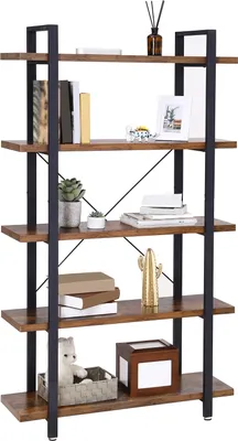 A multi-shelf bookcase with various decorative items and books.