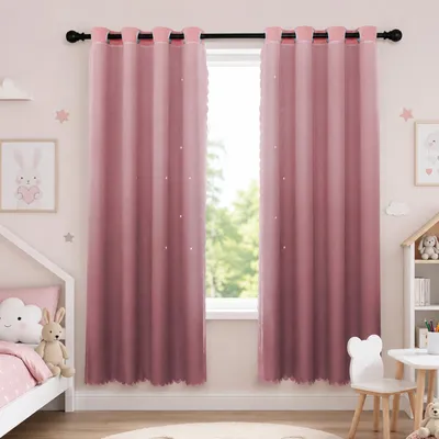 Produktbild von 2 Stück Vorhang Blickdicht Gardinen Stern Doppelschicht Ösenvorhänge mit Voile für Schlafzimmer Wohnzimmer Kinderzimmer, Rosa, B132xH213cm