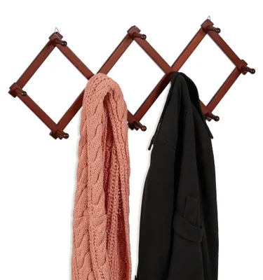 Produktbild von Relaxdays Wandgarderobe Holz, ausziehbare Garderobenleiste, 10 Kleiderhaken, für Jacken, Scherengarderobe faltbar, braun