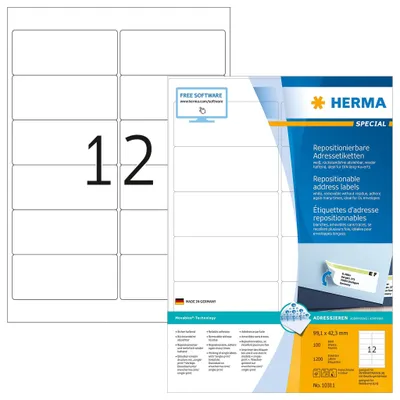 Produktbild von Adressetiketten A4 weiß 99,1x42,3 mm repositionierbar Papier matt 1200 St.