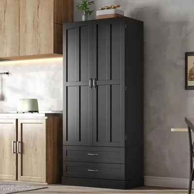 Produktbild von STILVORA Küchenschrank mit 3 Ausziehböden und Schubladen, Hochschrank mit Doppeltüren und Türregalen, Vorratsschrank für Küche, Esszimmer und Wohnzimmer