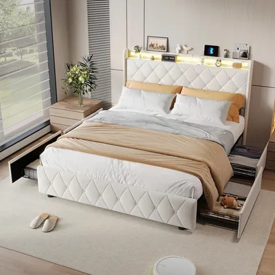 Obrázok produktu pre Čalúnená posteľ – dvojposteľ 160×200 cm – čalúnená, úložný priestor s 2 zásuvkami, drevený rám, moderný dizajn – béžová