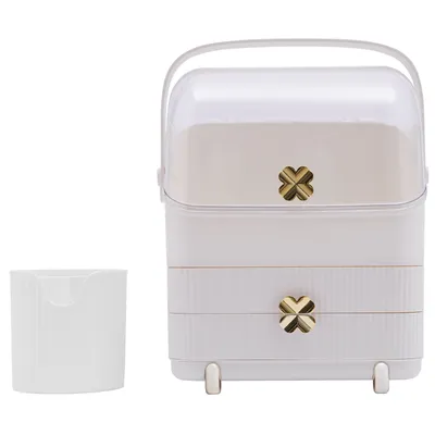 Obrázek produktu pro Organizér na make-up otočný o 180° prachotěsný s držákem na štětce rukojeť na přenášení 2 zásuvky kosmetický box (bílý)