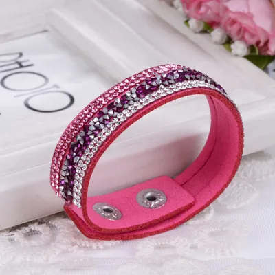 Produktbild von Damenmode Strass Kunstleder Armband Manschette Punk Armband Armreif Geschenk-Rosenrot