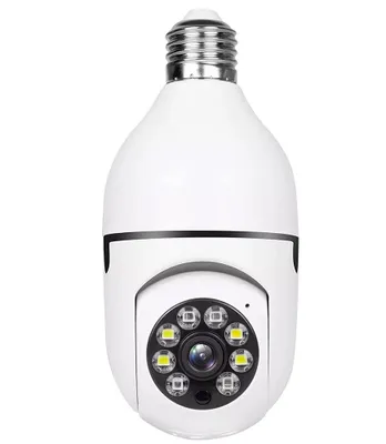 A white light bulb shaped security camera with a lens and multiple LEDs on a white background.