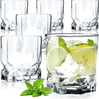 Produktbild von Unyqoos® Kadax Trinkgläser 6er-Set – 325 ml Niedrigglas aus Glas, modernes Schliffmuster, verstärkter Boden, vielseitig für Wasser, Saft & Cocktails