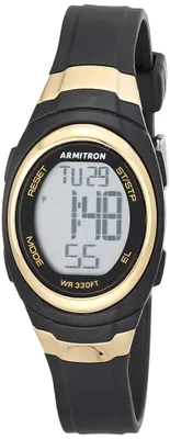 Image de Montre numérique chronographe pour femmes Armitron Sport, bracelet en résine, modèle 45/7034, couleur noire et dorée
