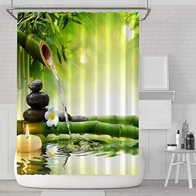 Produktbild von Duschvorhang Duschvorhänge Antischimmel Duschvorhang für Badewanne Textilvorhang Badezimmer Grün Bambus Waschbar Wasserabweisend mit 12 Duschvorhangringen (180 x 180 cm)