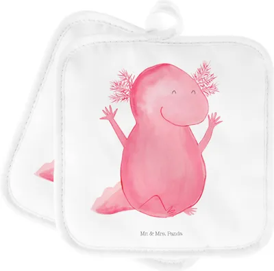 Produktbild von Mr. & Mrs. Panda Topflappen Axolotl Hurra - Weiß - Geschenk, Topfuntersetzer, Ofenlappen, Schwanzlurch, Kochlappen, Lurch, Motivation, Set, topfhalter