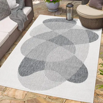 Produktbild von Teppich Outdoor Wetterfest - Grau, Creme - Wendeteppich - 120x170 cm - Abstraktes Geo-Muster