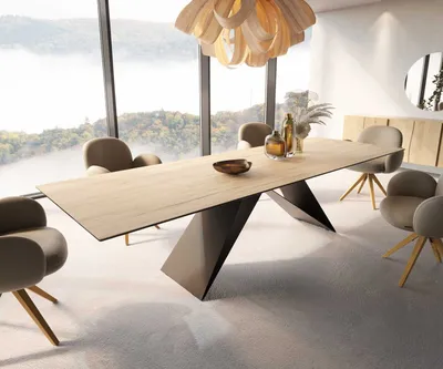Produktbild von DELIFE Esstisch Edge 300x100 Keramik Laminam® Sabbia Eichefarbig V-Gestell Flachstahl Schwarz