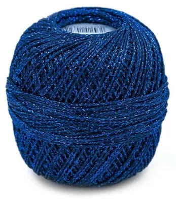 A ball of blue yarn with silver glitter threads.